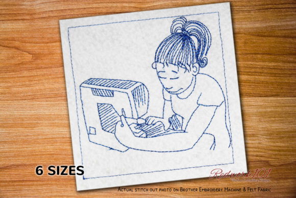 Girl Learning Sewing Redwork